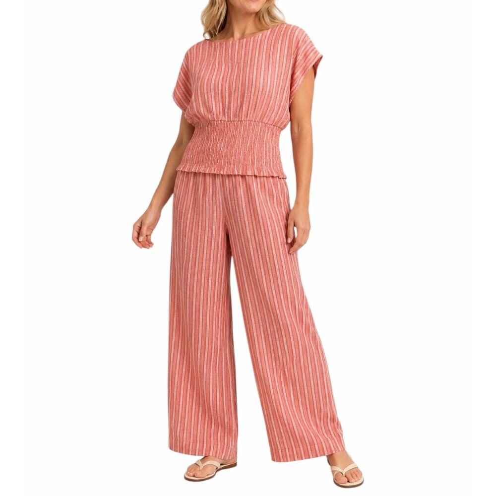 Old Navy Linen Blend 2 Piece Set Super Wide Leg Pant Top Size XXL Orange Stripe